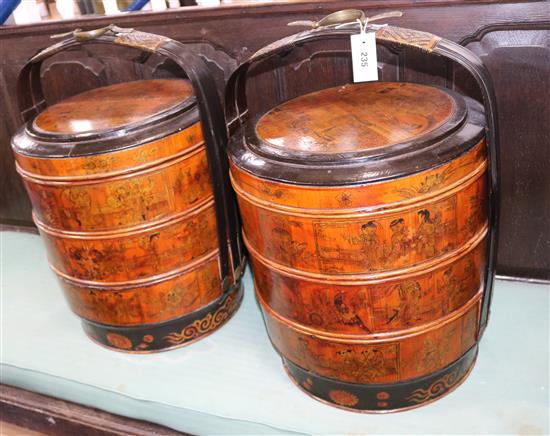 A pair of large Chinese lacquer and cedar marriage baskets